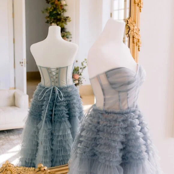 its milla blue tulle ball gown dress w/ train sleeveless corset bodice S small - Picture 3 of 11